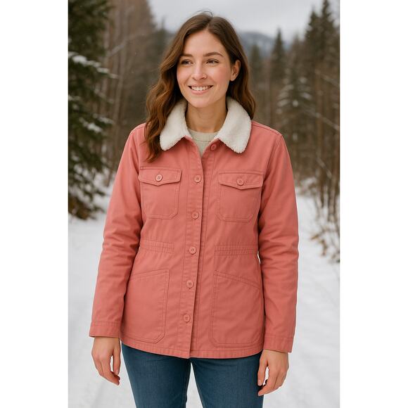 Hang Ten Sherpa Lined Pink Utility Jacket Button Front Coat Shacket Sz Small - Picture 1 of 14